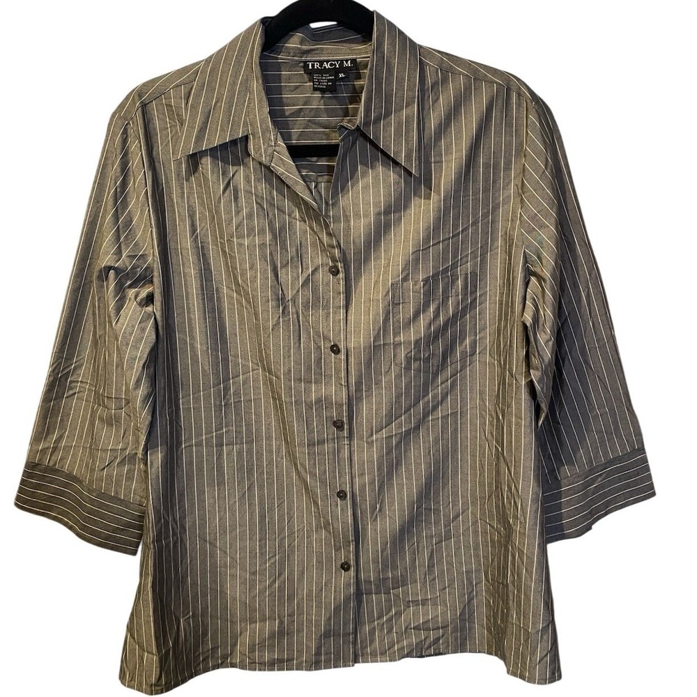 Tracy M Women's 100% Silk XL‎ Gray White Pins Stripes, Mentalist Normcore Luxury